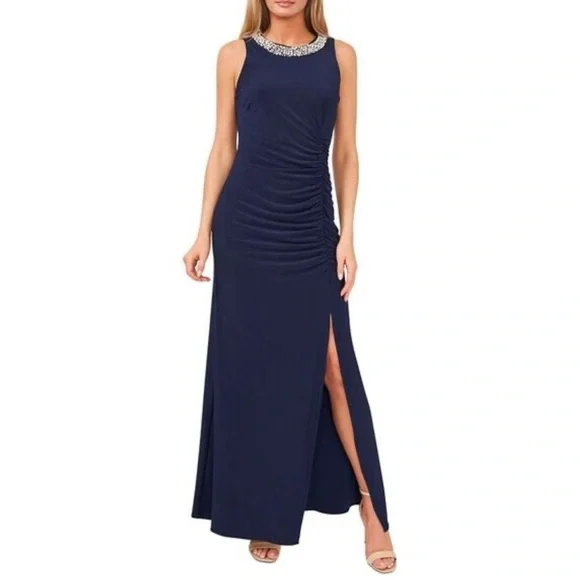 MSK Pearl Beaded Neck Size 10 Navy Blue Front Slit Full Length Gown Dress - Picture 7 of 7